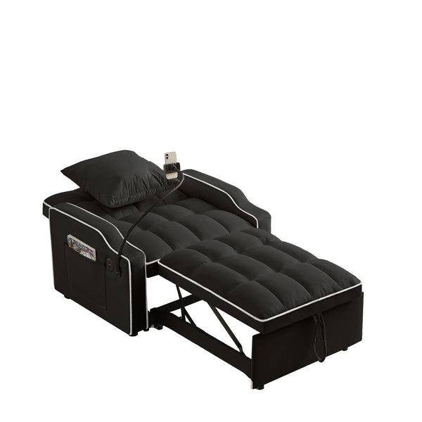 English Elm Sleeper Sofa Chair Velvet Convertible Armchair with Usb Charging for Small Spaces Black W1359P458672