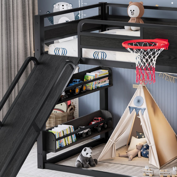 English Elm Twin Xl Metal Loft Bed with Climbing Wall Slide Basketball Hoop and Bookshelves W1580S00588