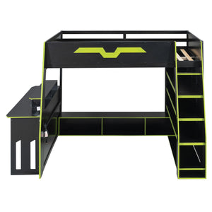 English Elm Full Size Wood Loft Bed with Rgb Lighting Desk and Multi-tier Shelves for Gaming Green LT000374AAG