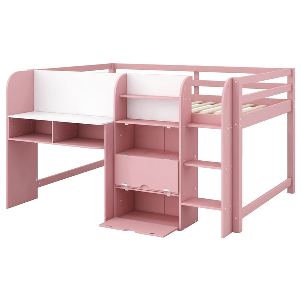 English Elm Full Size Low Loft Bed With Desk, Storage, Bookcase & Fun Whiteboard For Kids - Pink Design N7090005005H