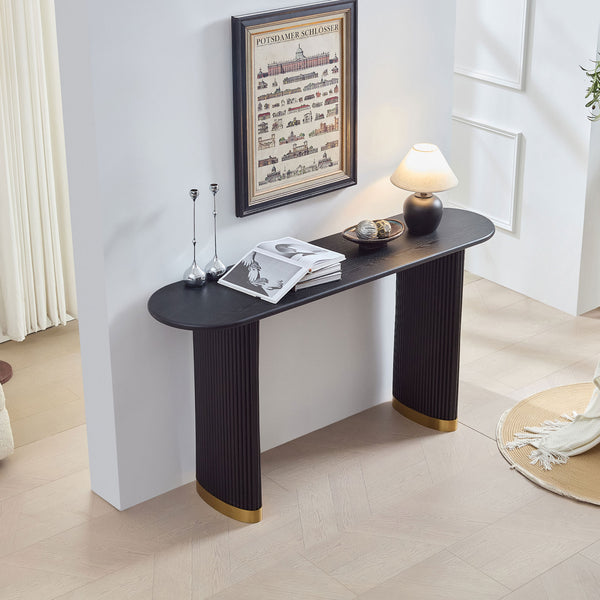 English Elm Length 59 Inch Mdf Wood Veneer Console Table Brushed Gold Steel Base Modern Entryway Black W2582P406099