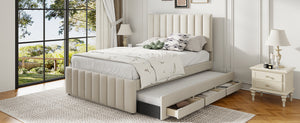 English Elm Full Upholstered Platform Bed with Twin Trundle and 3 Drawers, Linen Comfort, Sturdy Wood Frame Beige SF000249AAA