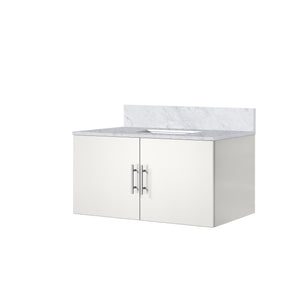 English Elm Glossy White Bath Vanity With Carrara Marble Top, Soft-Close Drawers & Easy Faucet Installation B2731P258628