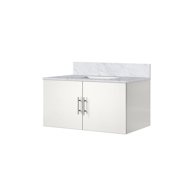 English Elm Glossy White Bath Vanity With Carrara Marble Top, Soft-Close Drawers & Easy Faucet Installation B2731P258628