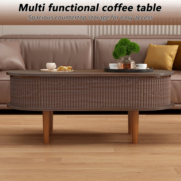 English Elm Fluted Oval Lift Top Coffee Table with Hidden Storage Mid-century Modern Living Room Walnut W2641P384388