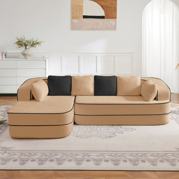 English Elm 106" Luxurious Teddy Velvet L-Shaped Sofa With Chaise – No Assembly, Ergonomic, Fluffy Comfort In Camel W714S01418