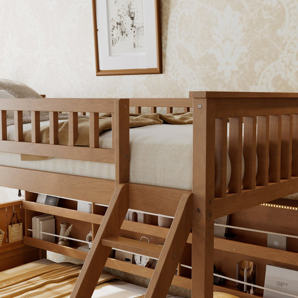English Elm Twin Xl Over Queen Bunk Bed with Led Lighting Shelving and Pegboard Pinewood Frame Brown LT000280AAP