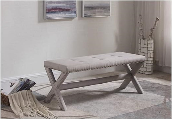 English Elm Glam Button Tufted Upholstered Bench with Nailhead Trim and X Trestle Legs Gray B011P450617