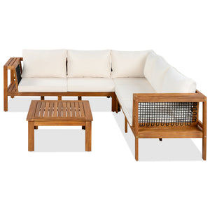 English Elm <old Old Sku Acacia Wood L-shaped Patio Sectional with Woven Rope Armrests Resort Cushioned Set Beige,Teak N704F201249N
