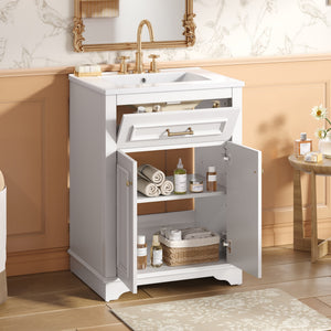 English Elm 24" Matte Single Sink Vanity Solid Poplar Frame Gold Hardware Soft Close Cabinet White N710P389449K