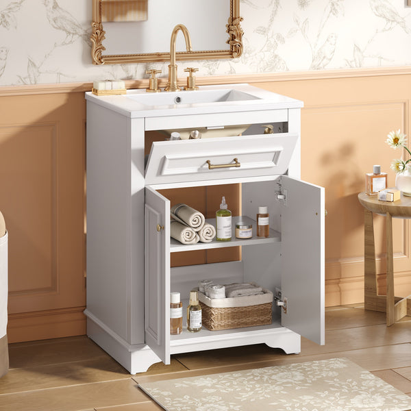 English Elm 24" Matte Single Sink Vanity Solid Poplar Frame Gold Hardware Soft Close Cabinet White N710P389449K