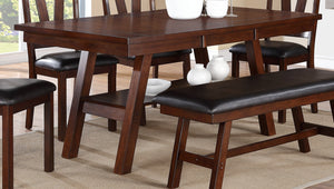 English Elm Dining Solid Wood 6-Piece Set with V-Back Chairs and Bench, Dark Finish, Contemporary Dining Appeal Walnut 70 L x 45 W x 7 H B011S00962