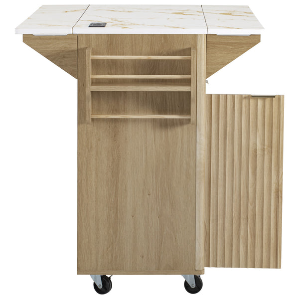 English Elm K&k Fluted Rolling Kitchen Island Faux Marble Top Power Outlet Storage Drawers Natural N707P353934Y