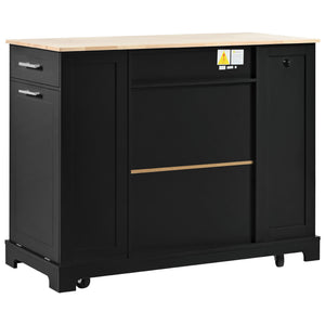 English Elm K&k Rolling Kitchen Island Rubber Wood Top Fluted Cabinet Built-in Charging Station Black N707S221571B