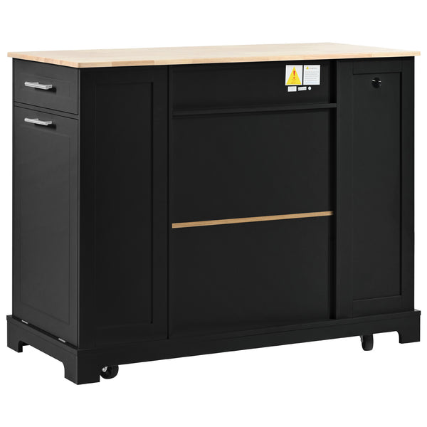 English Elm K&k Rolling Kitchen Island Rubber Wood Top Fluted Cabinet Built-in Charging Station Black N707S221571B