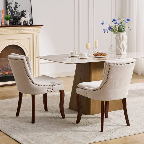 English Elm Modern Dining Chairs Set of 2 with Double-Layer Cushioned Chenille Upholstery, Curved Solid Wood Legs Beige W1143P207917