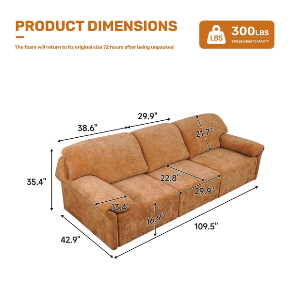 English Elm 3 Seats Power Recliner Sofa Convertible to Bed with Remote, Oversized 29" Seats, Plush Orange Polyester W3795S00003