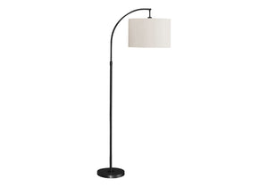 English Elm Lighting, 65"H arc floor lamp with ivory drum shade, sleek metal frame, 100W max, foot switch, modern ambiance Black 26 L x 17 W x 16 H B2710P221307