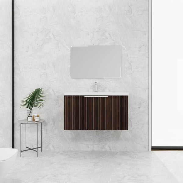 English Elm 36 Inch Silver-Brown Stripe Wall-Mounted Vanity with Resin Sink, Soft-Close Doors & Spacious Storage W999P204953