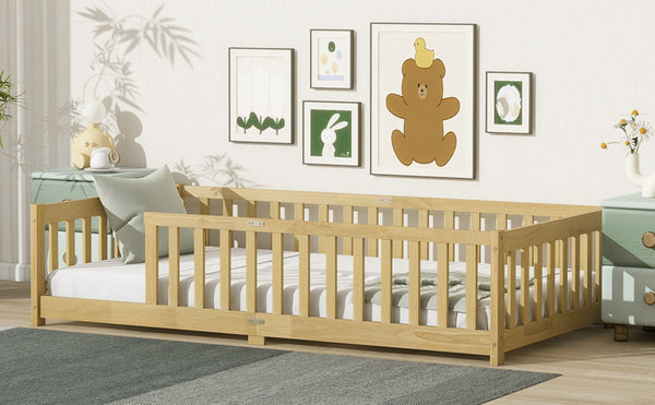 English Elm Twin Size Floor Bed With Safety Guardrails, Eco-Friendly Rubberwood Design For Toddler Independence W504P286397-GIGA