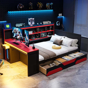 English Elm Full Size Gaming Bed Frame with Desk Led Lights Storage Drawers and Charging Station Black+Red LP000289AAJ
