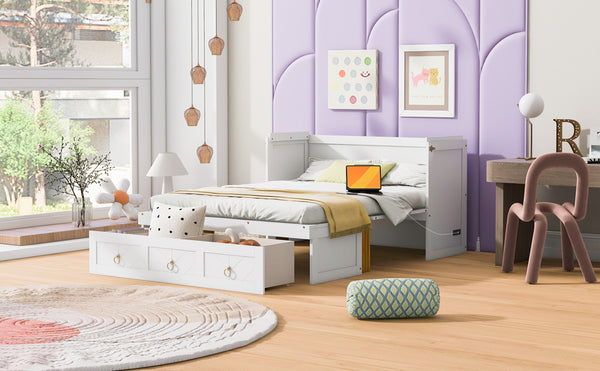 English Elm Queen Murphy Wall Bed with Pull Out Storage Drawer and Built in Usb Charging White LP000428AAK