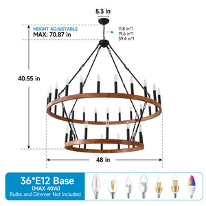 English Elm 47.24 Inch Two-tier Wagon Wheel Chandelier 36-light Wood Grain Metal Farmhouse Foyer Fixture W5008P392657