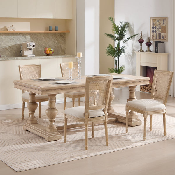 English Elm French Country Dining Chairs Set Of 2 - Upholstered Natural Rattan Back, Vintage Charm For Any Space W3426P324546