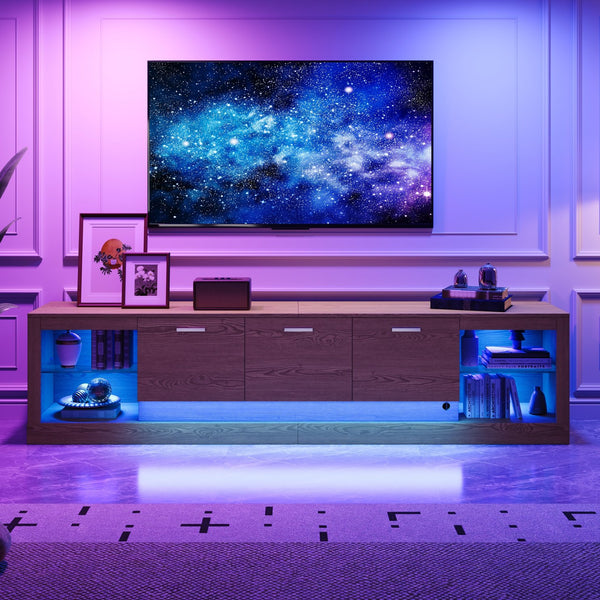 English Elm 78'' Modern TV Stand with LED Lights, 6 Cabinets, 2 Open Shelves, Soft-Close Doors & Cable Management for TVs up to 90" N710P332619P