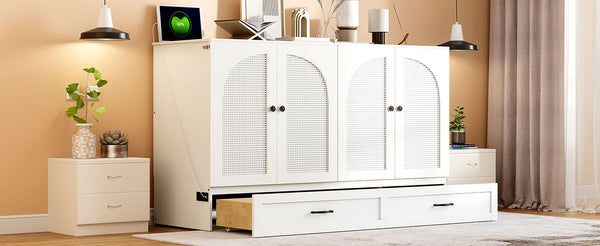 English Elm Queen Murphy Wall Bed with Usb Ports Storage Drawers and Cabinet Style Panel Front White N708S00010K-1