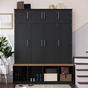 English Elm Wood Entryway Hall Tree with Bench Seating Coat Hooks Shoe Cubbies Cabinet Black W5271S00003