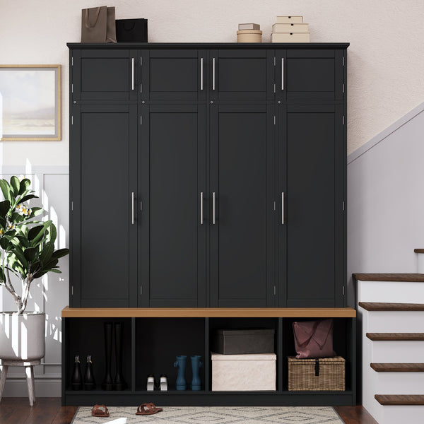 English Elm Wood Entryway Hall Tree with Bench Seating Coat Hooks Shoe Cubbies Cabinet Black W5271S00003