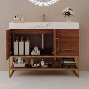 English Elm 36" Freestanding Bathroom Vanity Sintered Stone Top Integrated Basin Gold Hardware W3136S00057