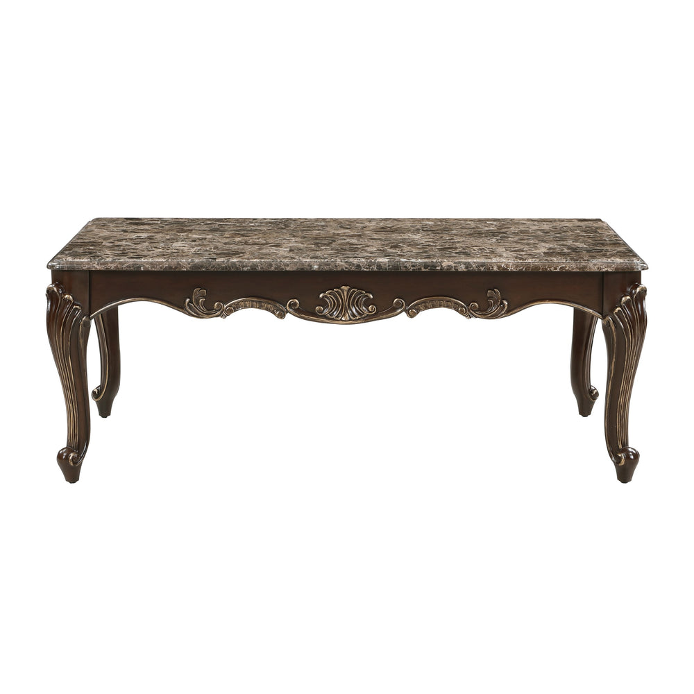 English Elm Formal Balthasar Marble Top Cocktail Table with Cherry Finish, Gold Accents & Cabriole Legs, 51" x29" x20" Brown Mix 55.25 L x 31.5 W x 8.5 H B011P290789