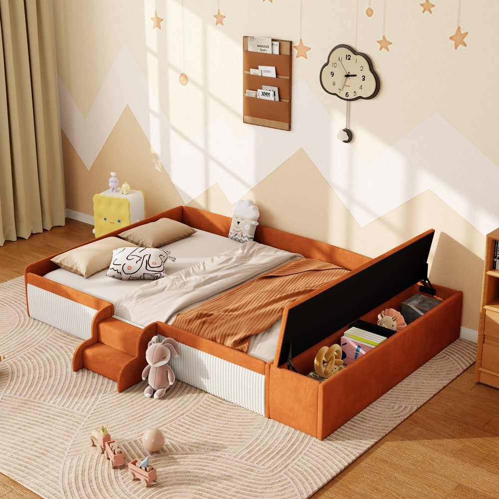 English Elm Full Size Kids Velvet Platform Daybed with Storage Ottoman Staircase Padded Rails Brown+White SF000202AAD