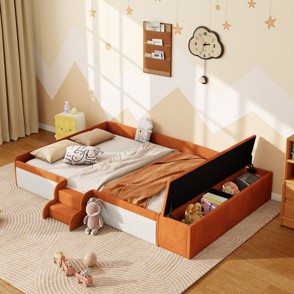 English Elm Full Size Kids Velvet Platform Daybed with Storage Ottoman Staircase Padded Rails Brown+White SF000202AAD