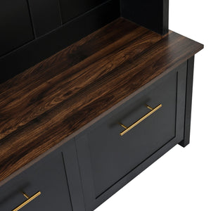 English Elm On-trend Entryway Hall Tree with Gold Hooks Bench Drawers and Shoe Cabinet Storage Black N721S000056B-1