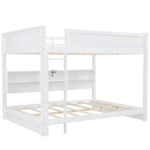 English Elm Queen Over Bunk Bed Solid Pine Cabin Frame with Storage and Usb Charging White GX000399AAK