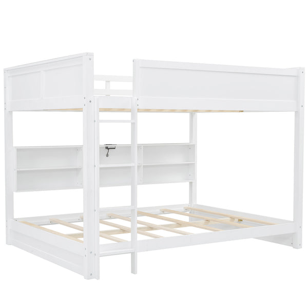 English Elm Queen Over Bunk Bed Solid Pine Cabin Frame with Storage and Usb Charging White GX000399AAK