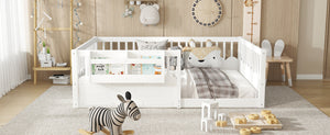 English Elm Twin Low Profile Kids Floor Bed Pine Wood Frame with Safety Rail and Built in Bookshelf White W1580P373138