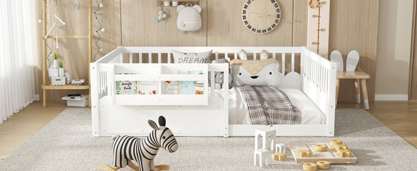 English Elm Twin Low Profile Kids Floor Bed Pine Wood Frame with Safety Rail and Built in Bookshelf White W1580P373138