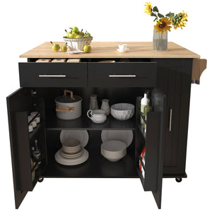 English Elm K&K Kitchen Island with Drop Leaf, Rolling Storage Cart with 3-Tier Pull-Out Organizer, Durable Wood Countertop Black WF531421AAB