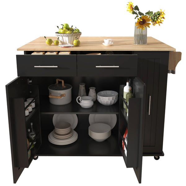 English Elm K&K Kitchen Island with Drop Leaf, Rolling Storage Cart with 3-Tier Pull-Out Organizer, Durable Wood Countertop Black WF531421AAB