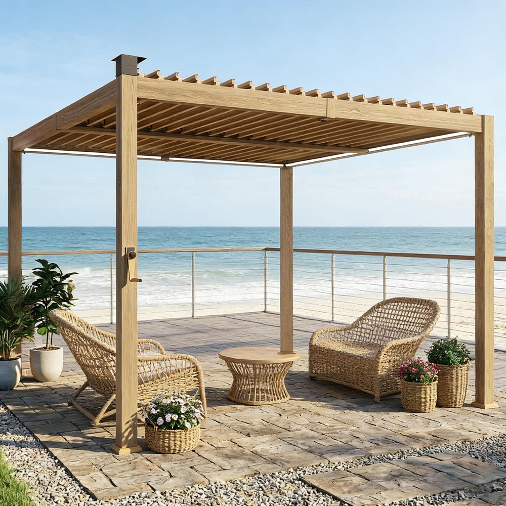English Elm Outdoor Louvered Steel Pergola with Solar Led Lights and Adjustable Shade Roof T3971S00203