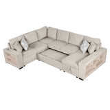 English Elm 109" U-Shaped Sectional Sofa Pull-Out Sofa Bed With Two Usb Ports, A Storage Chaise Lounge and Four Back Pillows For Living Room, Beige