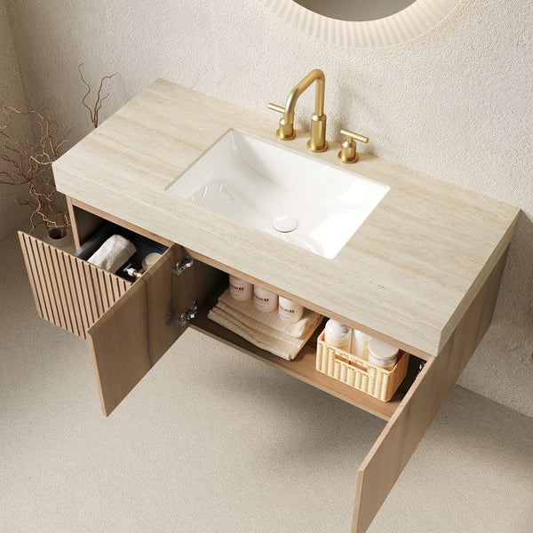English Elm Muri Floating Bathroom Vanity 48 Inch White Oak Sintered Stone Top Plywood Cabinet W2615S00655