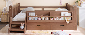 English Elm Twin Kids Platform Bed with Trundle Staircase Bookshelf and Rounded Safety Rails Natural W1580S00540
