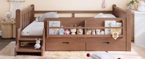 English Elm Twin Kids Platform Bed with Trundle Staircase Bookshelf and Rounded Safety Rails Natural W1580S00540
