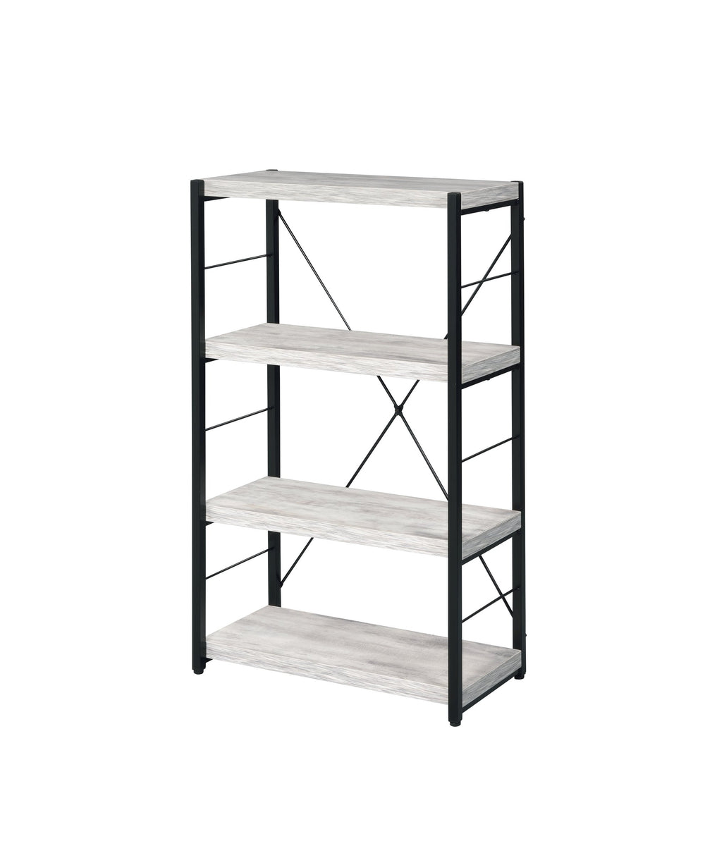 English Elm Jurgen Industrial Antique White & Black Bookshelf – 4 Faux Concrete Shelves, Metal Frame, Freestanding B2726P287312