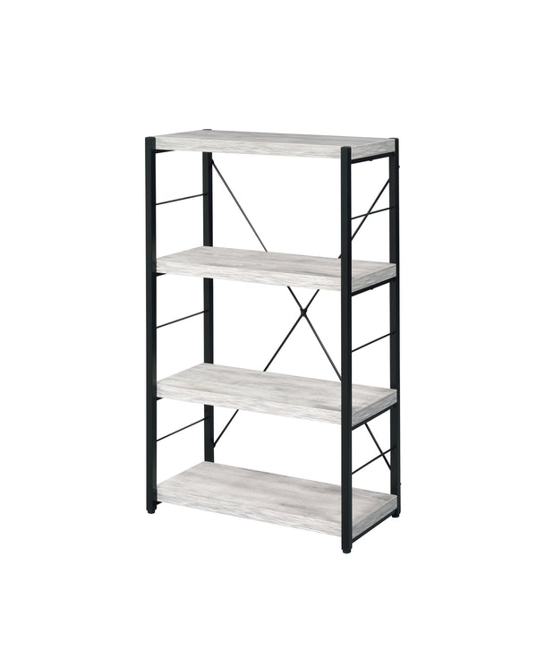 English Elm Jurgen Industrial Antique White & Black Bookshelf – 4 Faux Concrete Shelves, Metal Frame, Freestanding B2726P287312